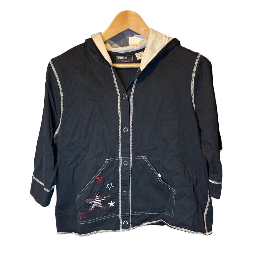 Onque Navy Lightweight Cotton Hooded Patriotic Embroidered Jacket Sz L